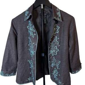 Anne Carson Brown Teal Womens 100% Silk Shell Button Jacket Petite Small